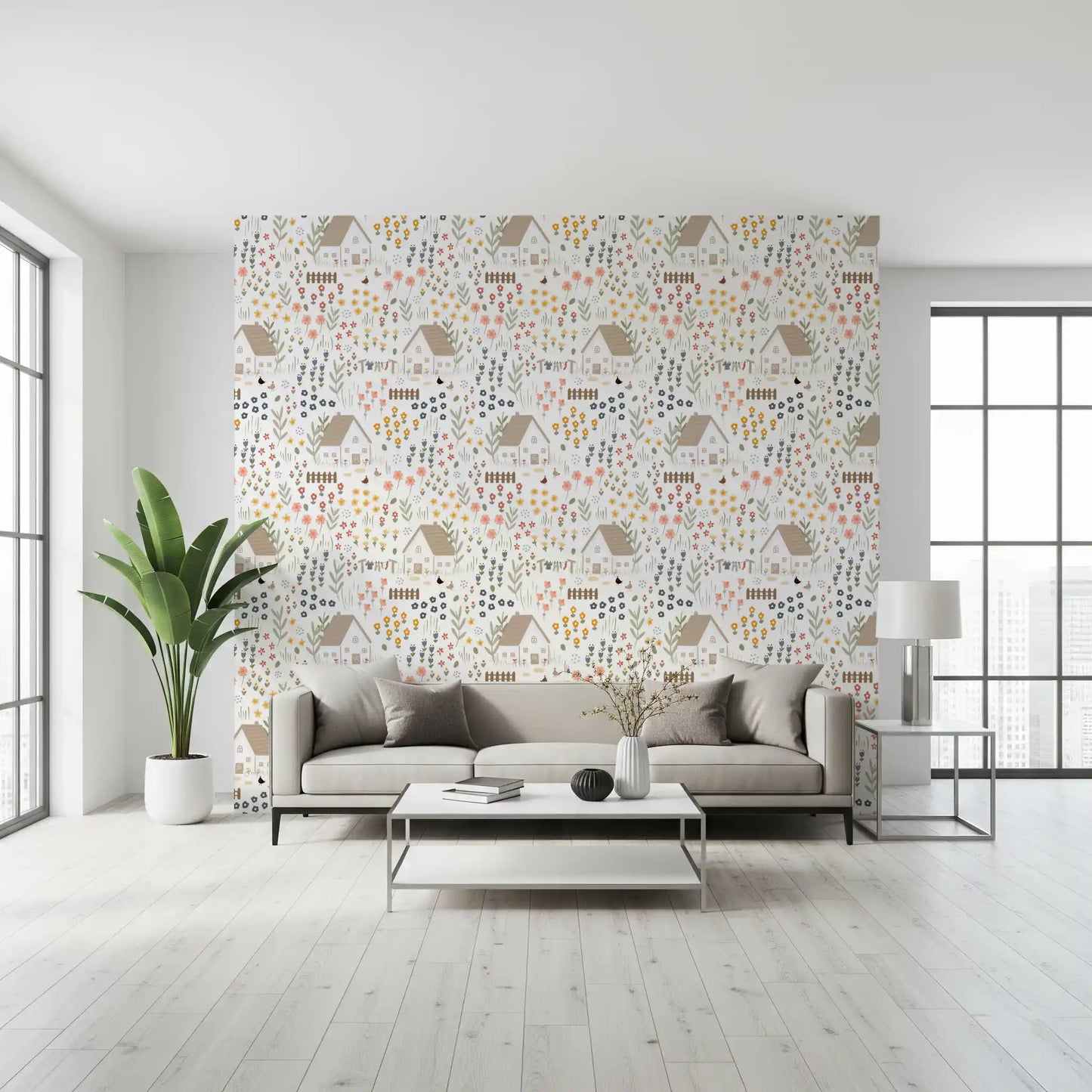 Cheerful cottage garden wallpaper with mustard daisies, sage leaves, and tiny houses.