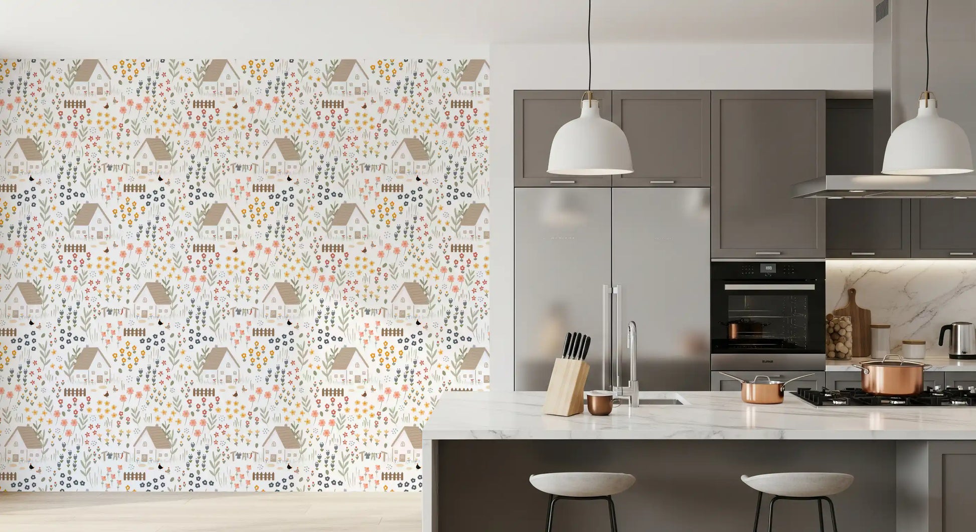 Whimsical kids wallpaper showing cottages, picket fences, tulips, and meadow sprigs.