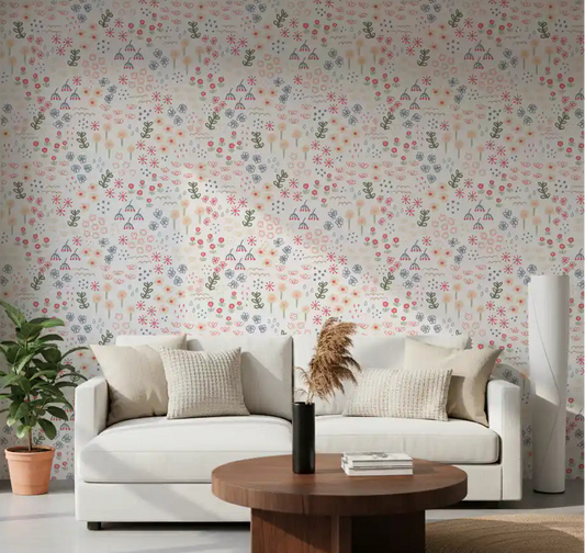 White floral wallpaper with peach coral and blue doodle flower in living room.