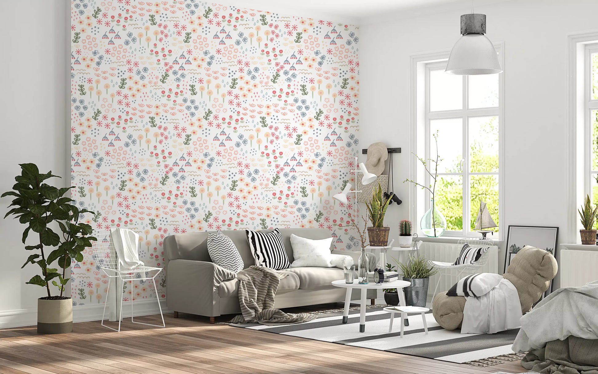 Repeat pattern wallpaper with sketch style flowers and leaf sprigs. 