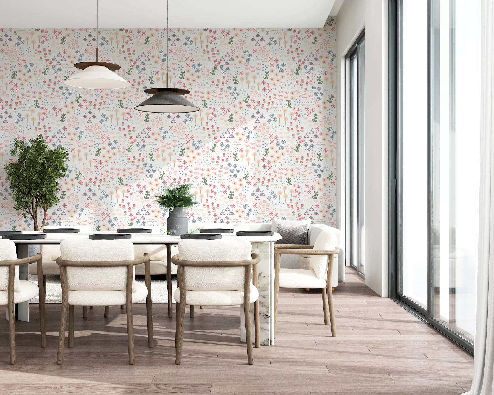 Dining room wall with scattered doodle flower pattern wallpaper in soft pastels