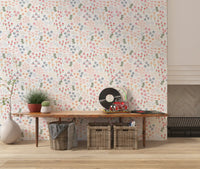 Scatter floral wallpaper in coral peach sage and dusty blue tones.