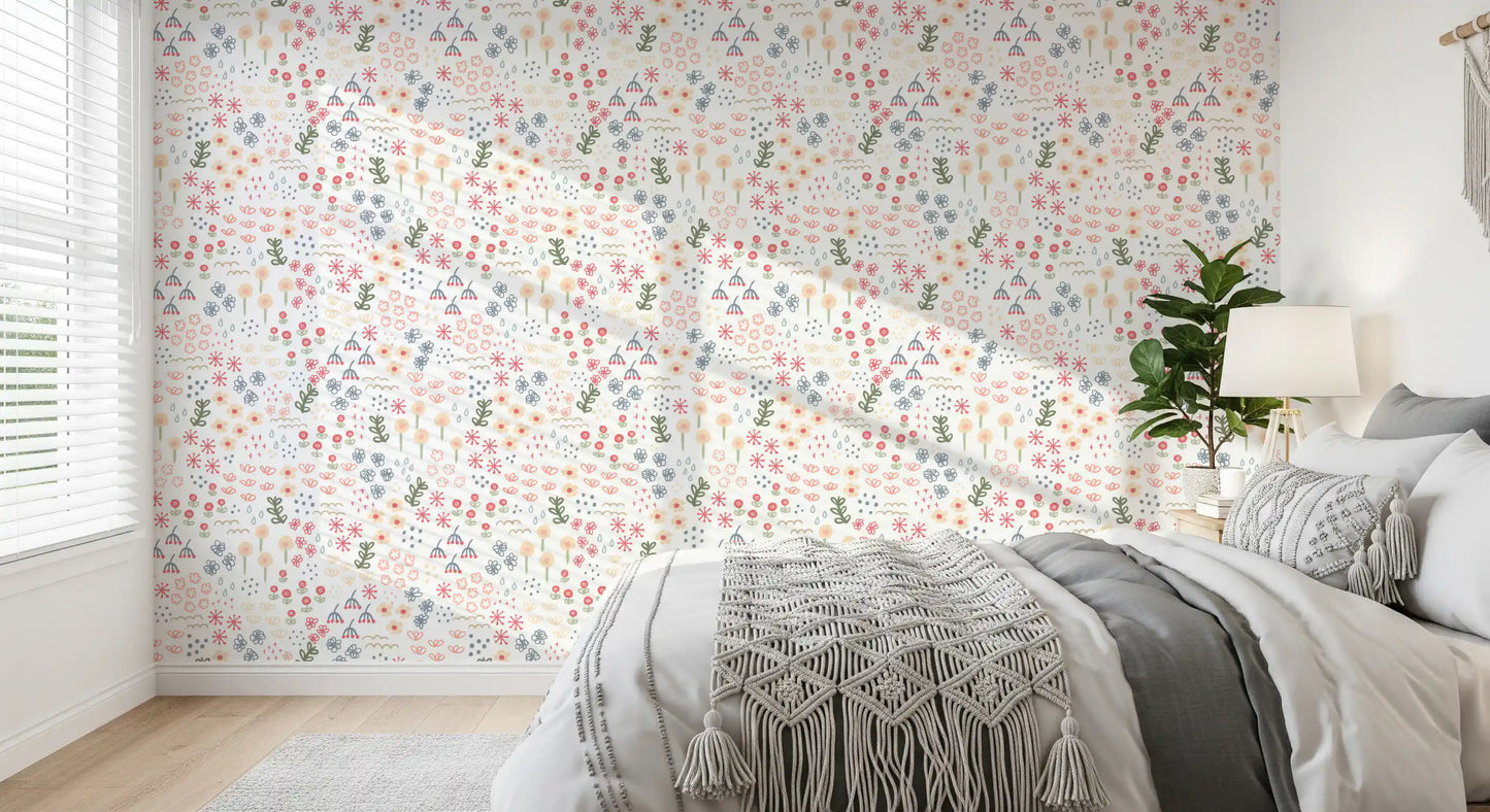 Bedroom wall covered in white background with peach blue blooms wallpaper.