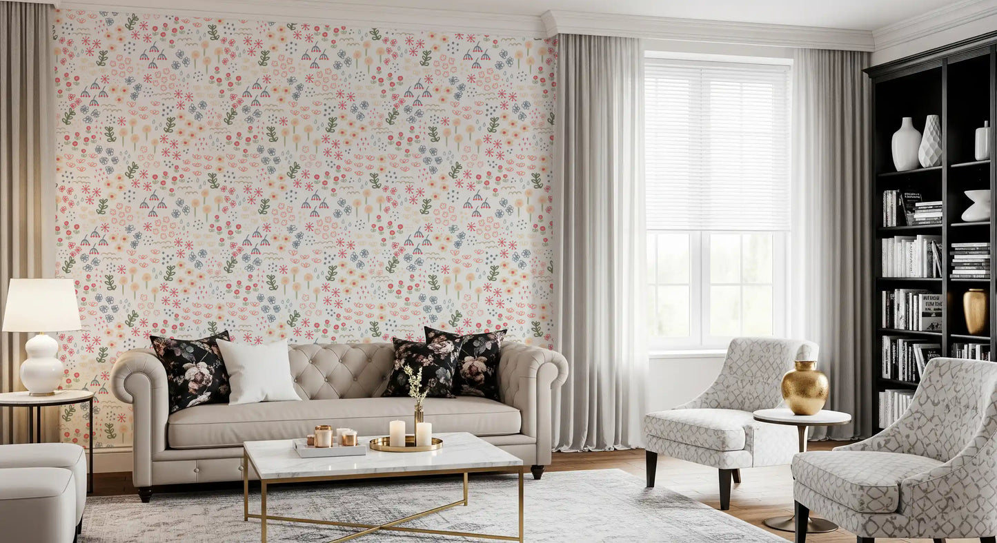 Pastel doodle floral pattern wallpaper with raindrops dots and cross mark