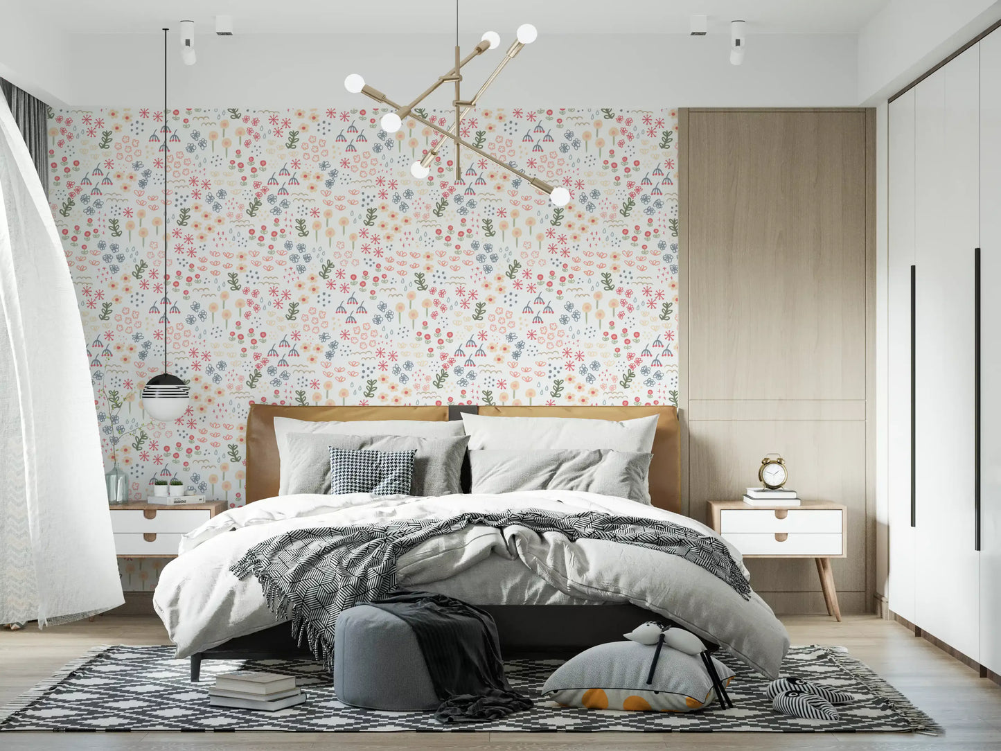 White background wallpaper with mixed flower shapes in master bedroom.
