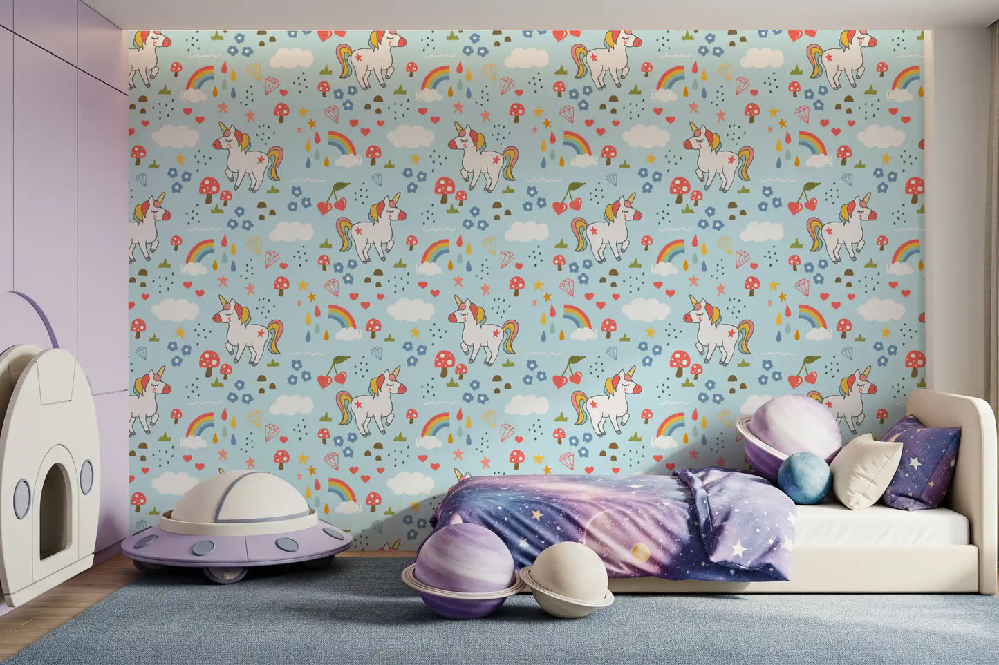 Coral and blue florals, raindrops, and mushrooms wallpaper in modern children's bedroom.