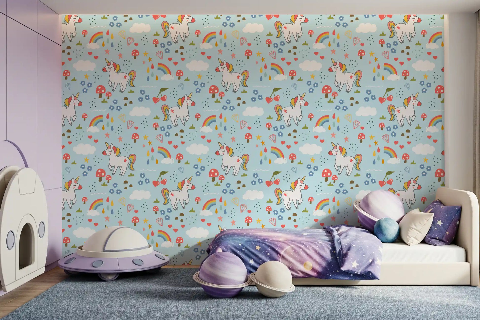 Coral and blue florals, raindrops, and mushrooms wallpaper in modern children's bedroom.
