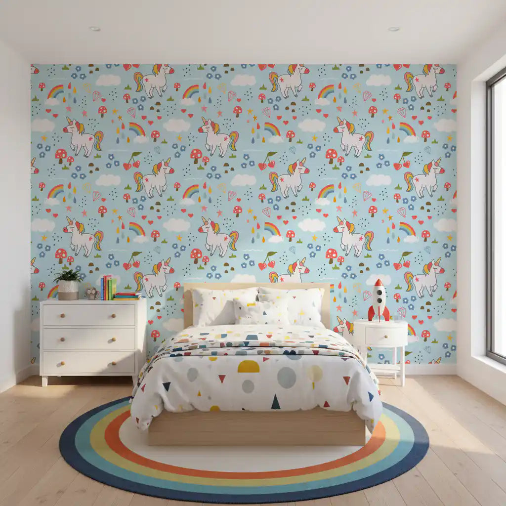 Repeat pattern wallpaper with unicorns, cherries, hearts, and golden stars