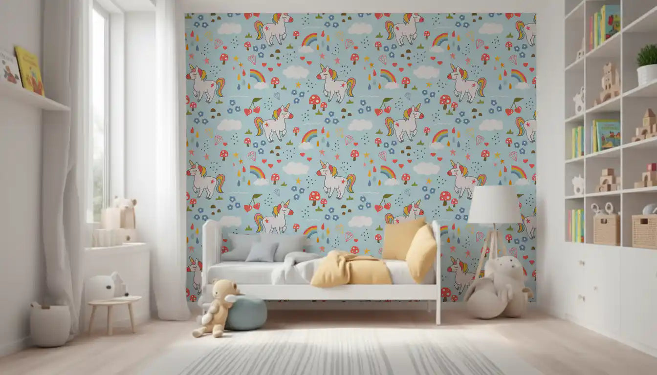 Soft pastel wallpaper featuring smiling unicorns and arching colourful rainbows.