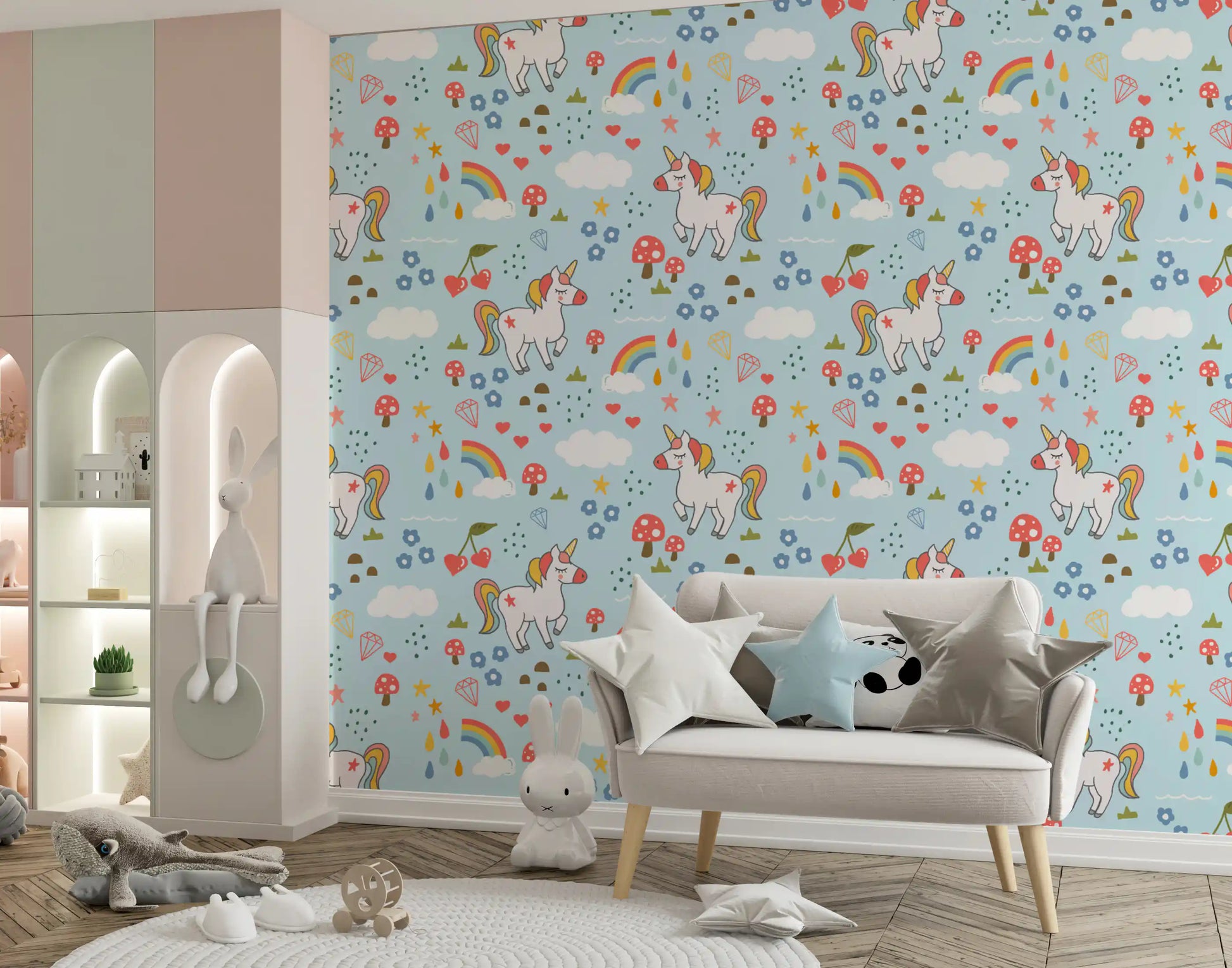 Nursery wall with unicorn wallpaper, pastel rainbows, and soft cloud motifs.