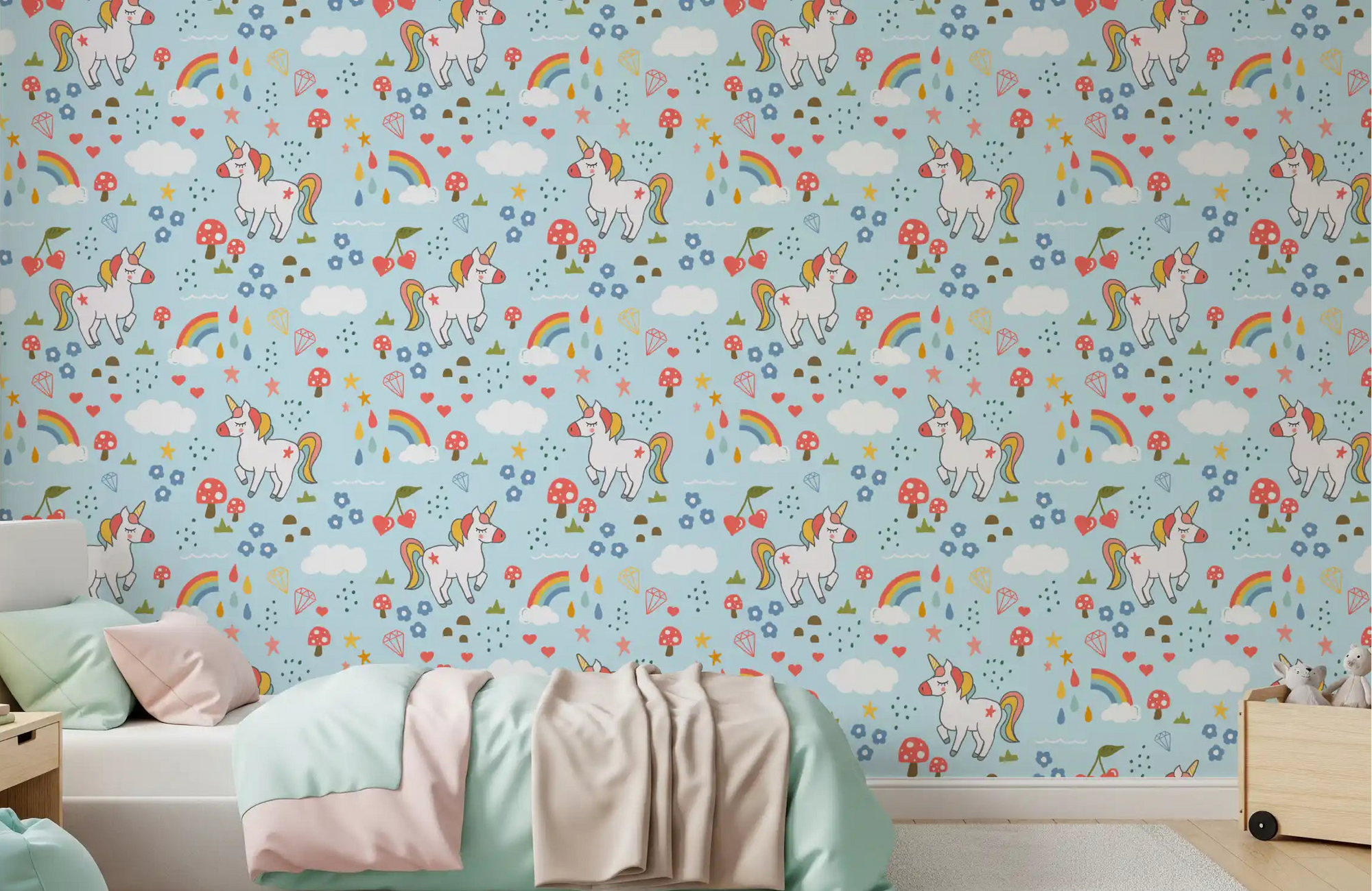 Pastel unicorn wallpaper with rainbows, clouds, and red mushrooms in kids bedroom., GD10096