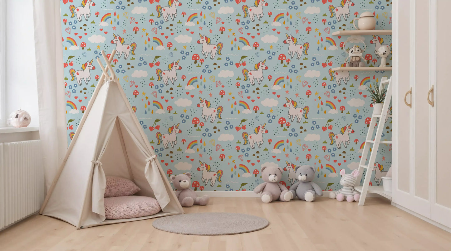 Whimsical pattern wallpaper with white unicorns, hearts, stars and yellow diamond motifs.