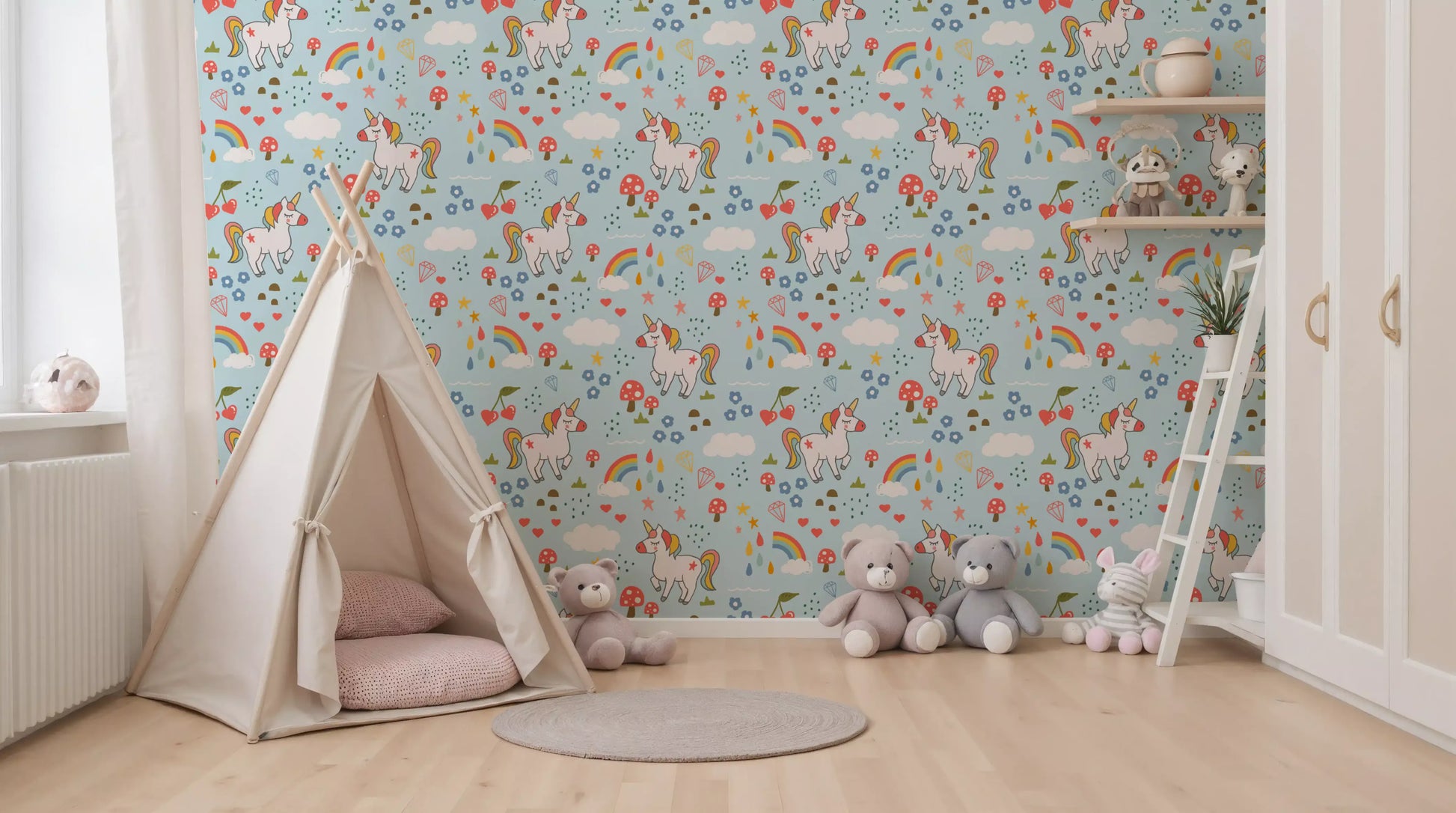 Whimsical pattern wallpaper with white unicorns, hearts, stars and yellow diamond motifs.