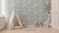 Whimsical pattern wallpaper with white unicorns, hearts, stars and yellow diamond motifs.