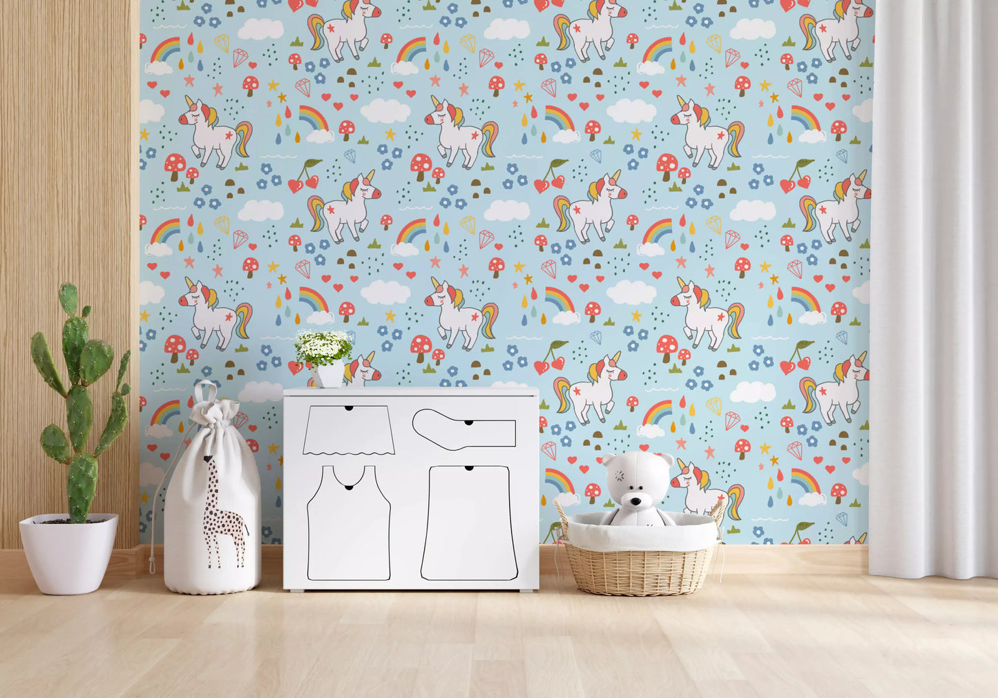 Blue wallpaper with unicorns, mushrooms, daisies and tiny scattered hearts.