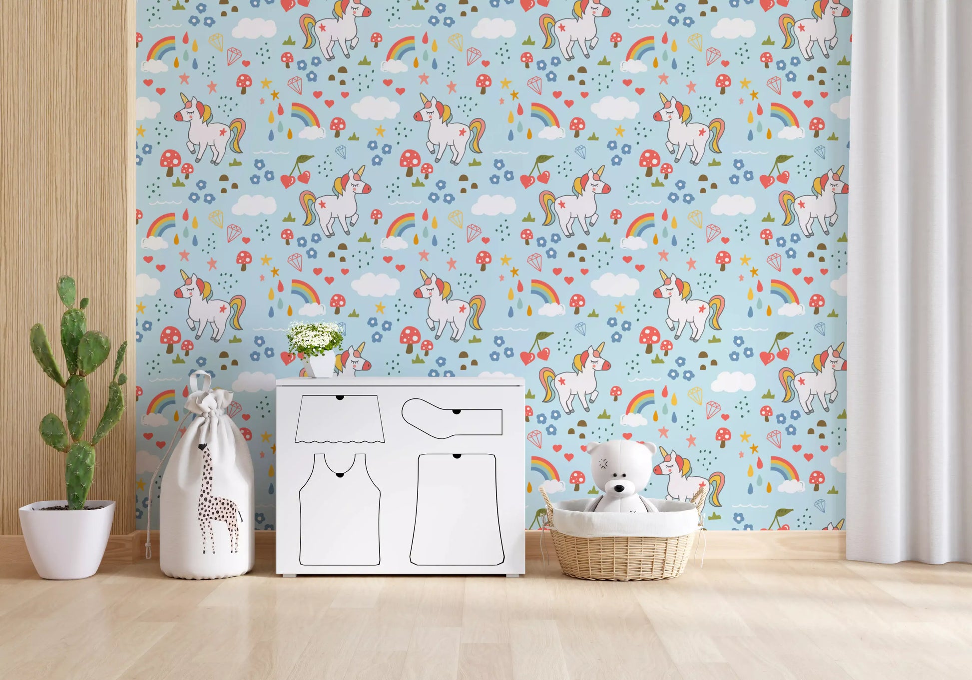 Blue wallpaper with unicorns, mushrooms, daisies and tiny scattered hearts.