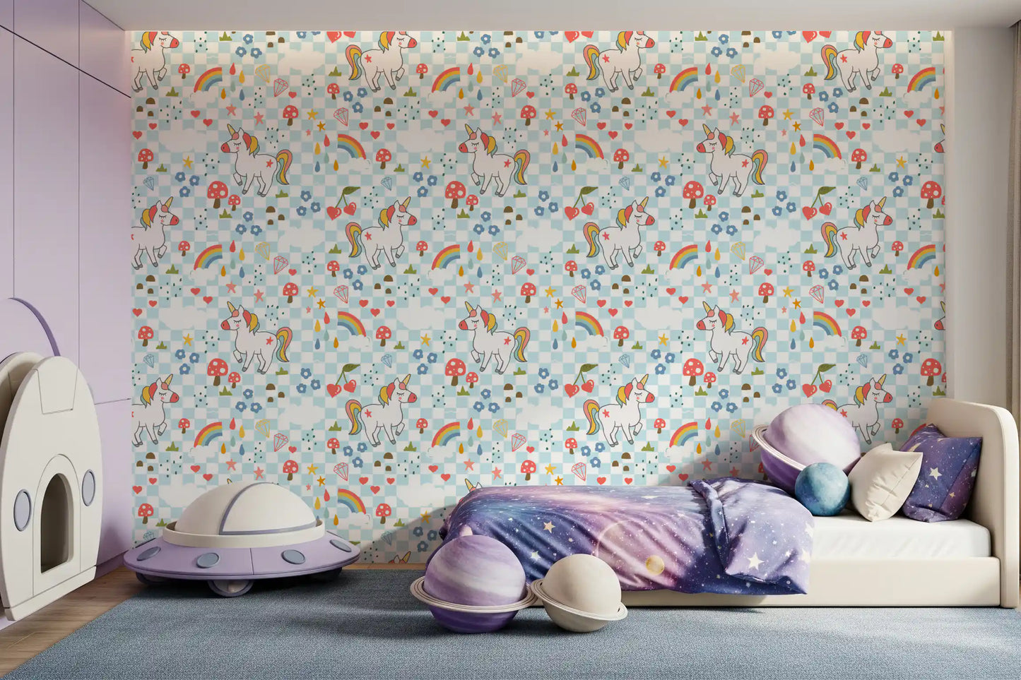 Cartoon unicorn wallpaper used as a feature wall in a kids room setting.