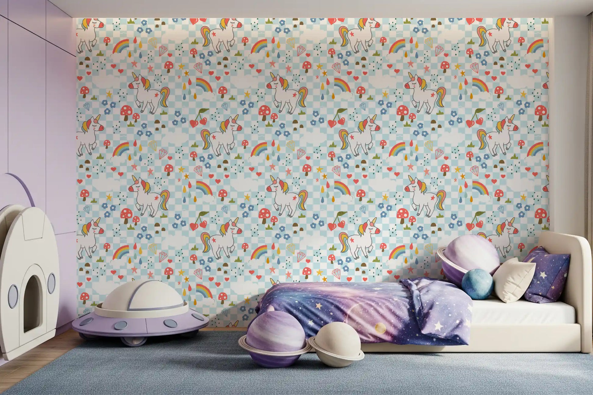 Cartoon unicorn wallpaper used as a feature wall in a kids room setting.