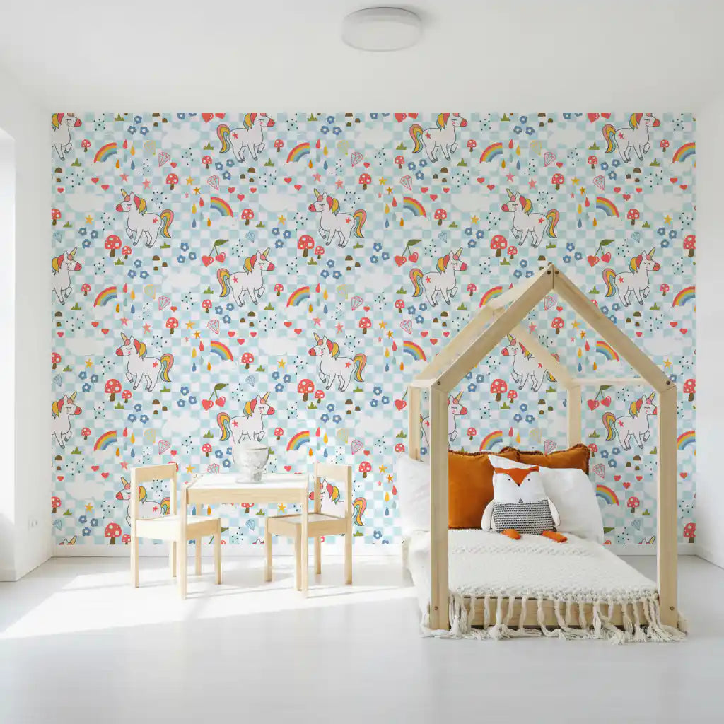 Playful unicorn pattern wallpaper featuring rainbows, mushrooms, flowers, and diamonds.