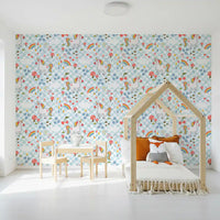 Playful unicorn pattern wallpaper featuring rainbows, mushrooms, flowers, and diamonds.