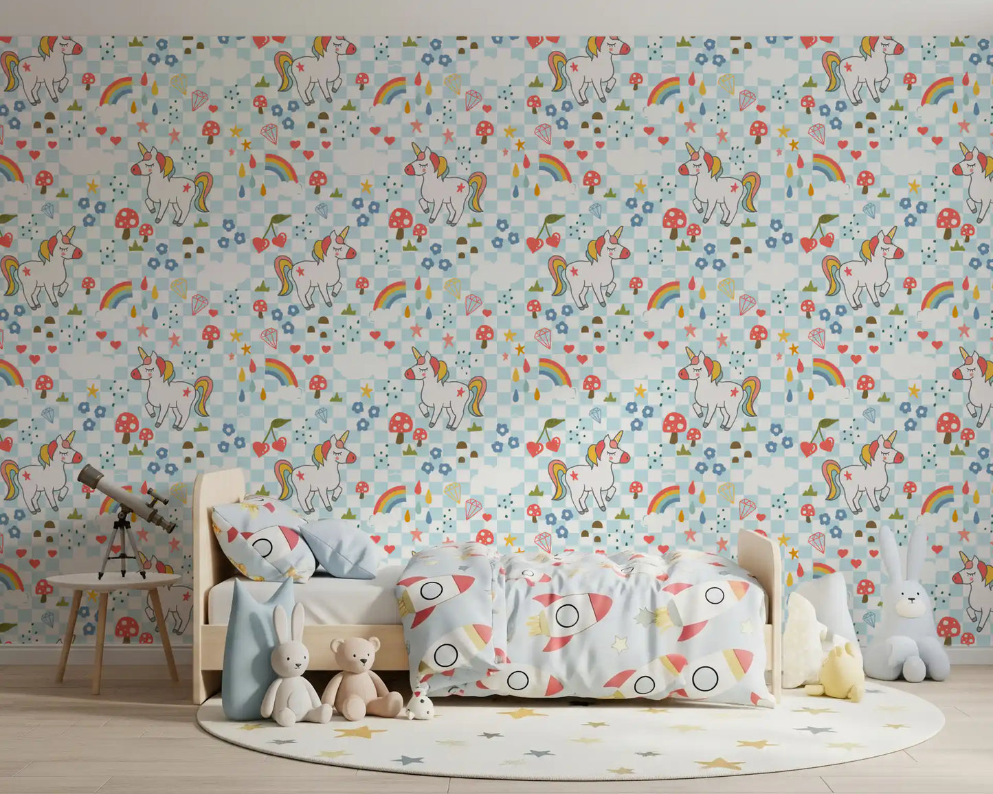 Multicolour unicorn pattern wallpaper with flowers, and pastel raindrops in child's bedroom.