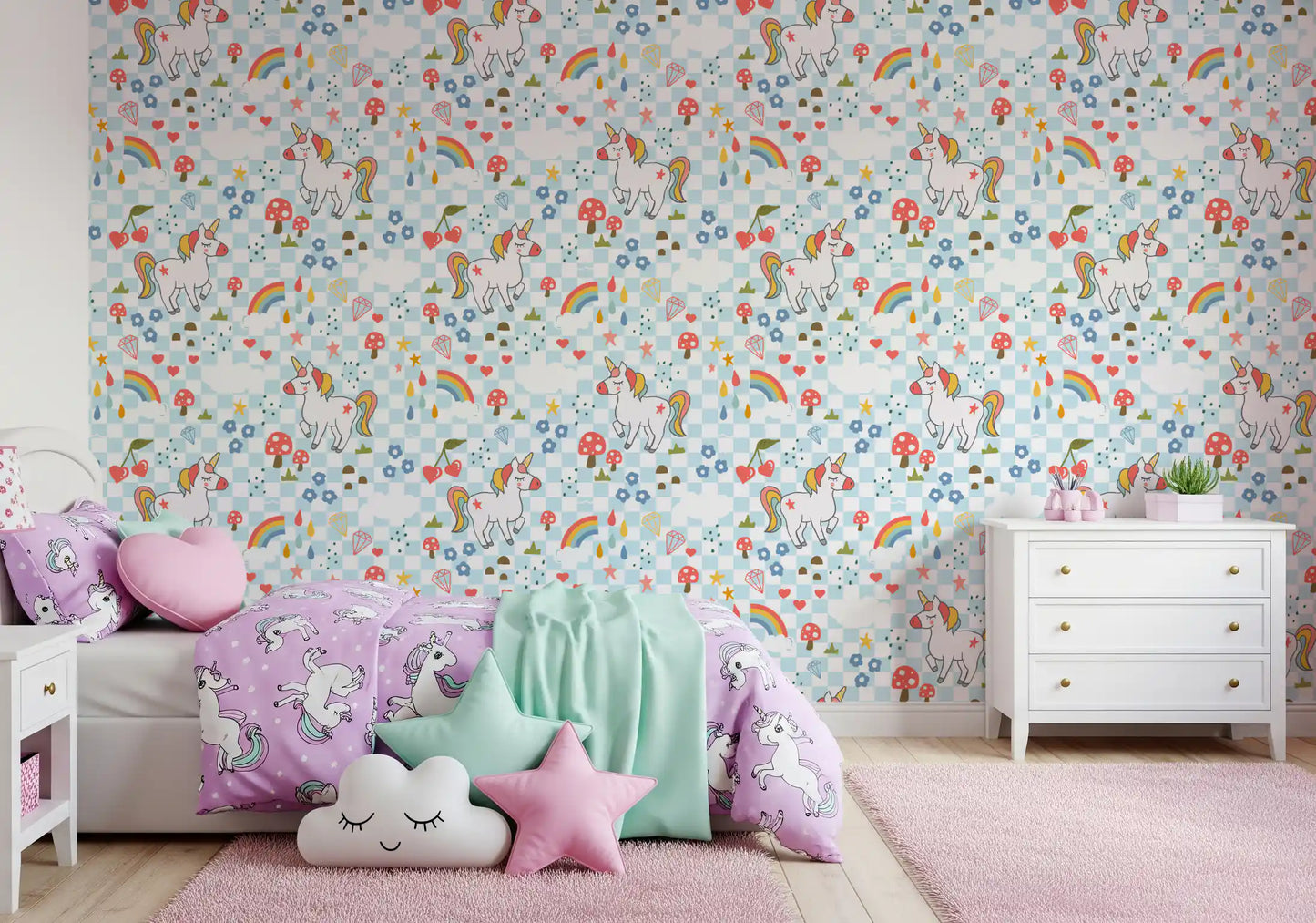 Soft blue chequered wallpaper with star, heart, and diamond motifs alongside unicorns.