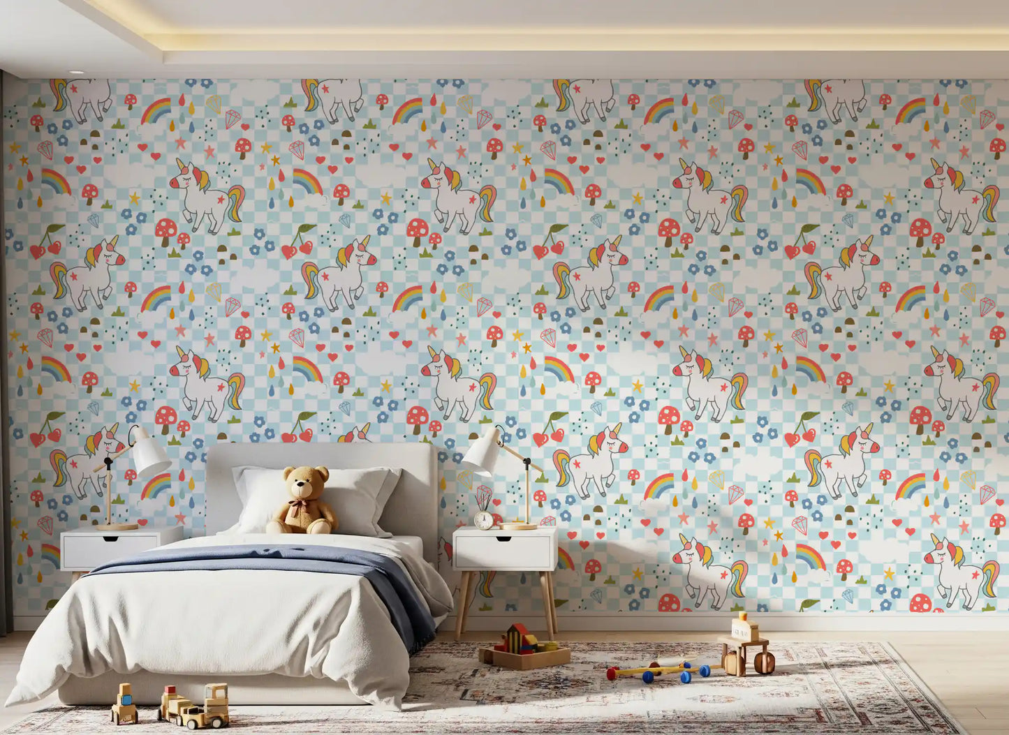 Unicorn wallpaper installed in a bedroom with chequered pattern and rainbow accents.