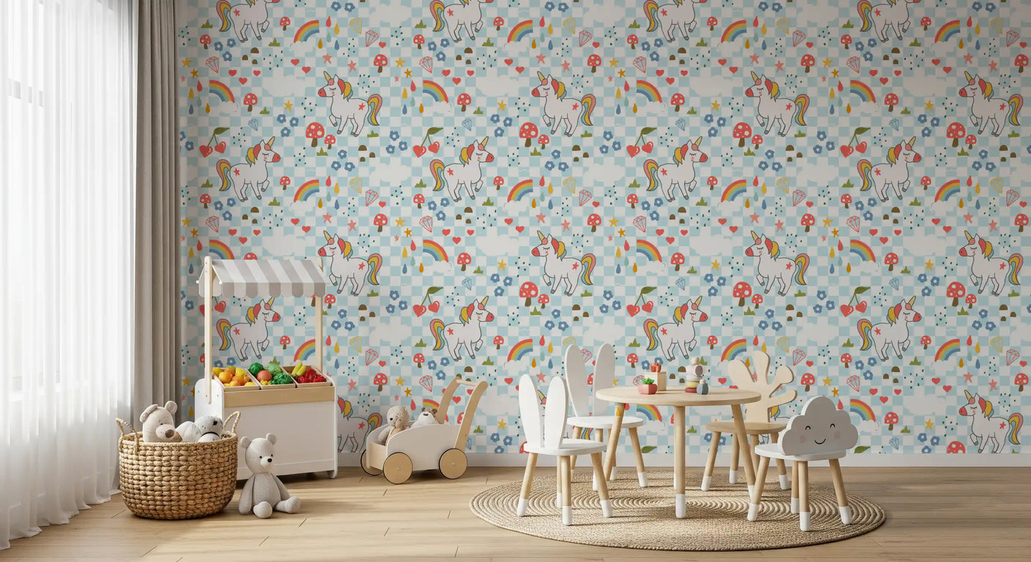 Repeating unicorn motif wallpaper with rainbows, hearts, diamonds, and chequered base. 