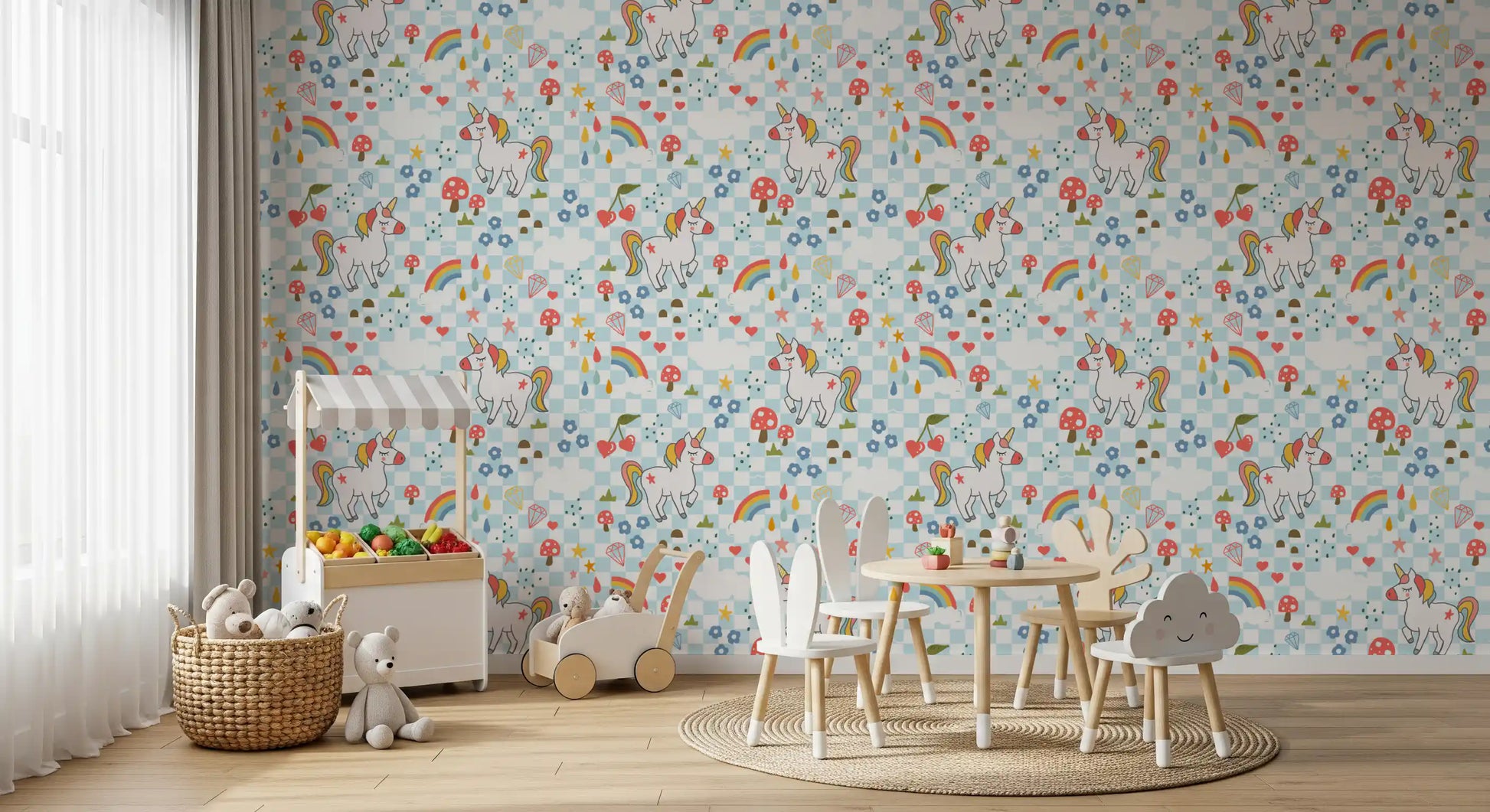 Repeating unicorn motif wallpaper with rainbows, hearts, diamonds, and chequered base. 
