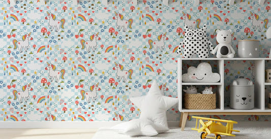 Light blue and white chequered wallpaper with unicorns, rainbows, mushrooms in playroom.