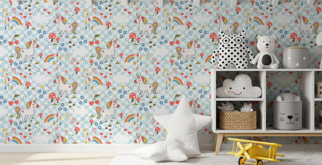 Light blue and white chequered wallpaper with unicorns, rainbows, mushrooms in playroom.