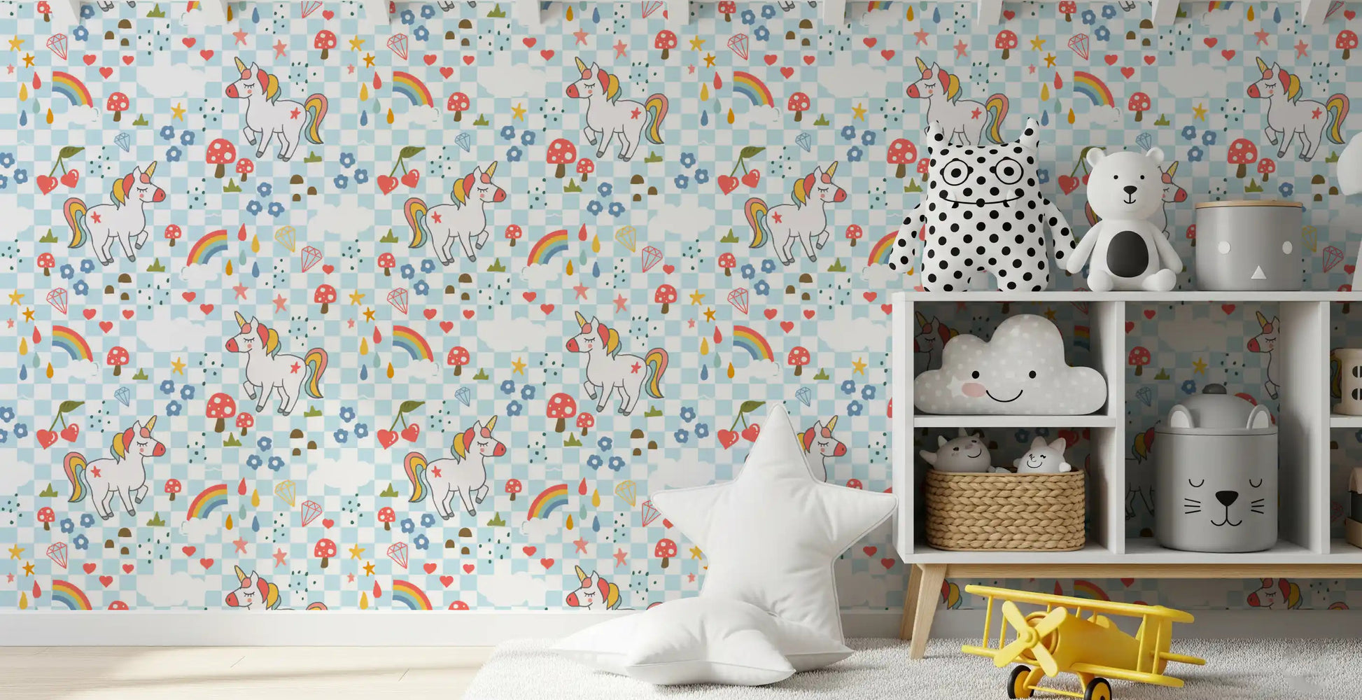 Light blue and white chequered wallpaper with unicorns, rainbows, mushrooms in playroom.