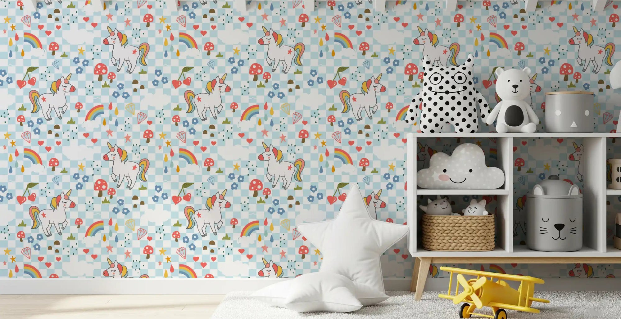 Light blue and white chequered wallpaper with unicorns, rainbows, mushrooms in playroom., GD10097