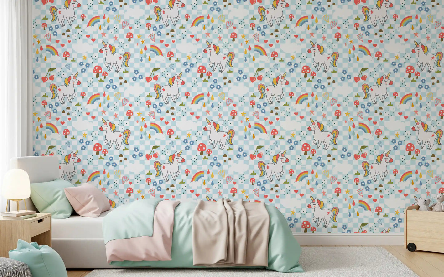 Pastel unicorn wallpaper with red toadstools, blue daisies, and tiny rainbow arcs in kids bedroom.