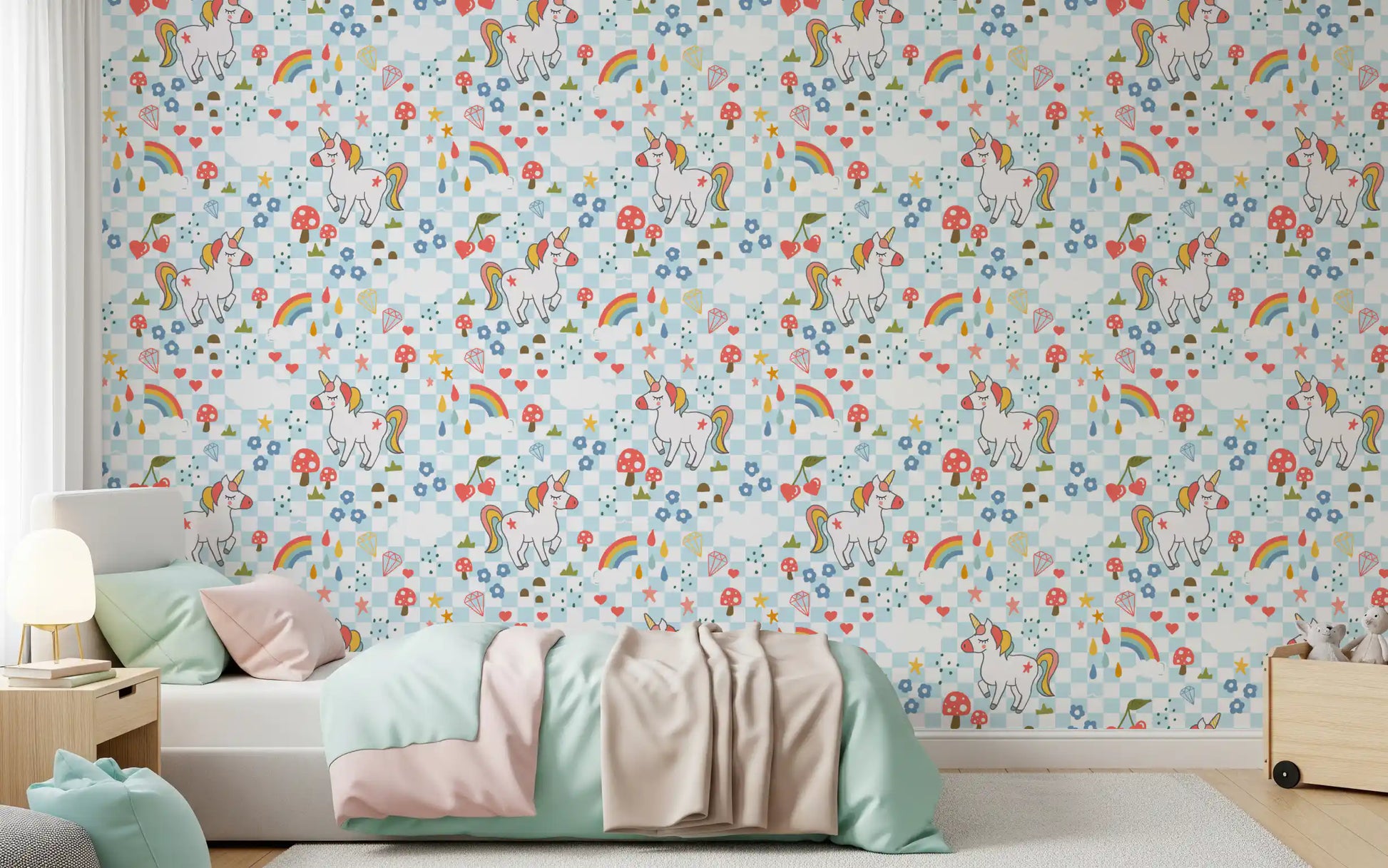Pastel unicorn wallpaper with red toadstools, blue daisies, and tiny rainbow arcs in kids bedroom.