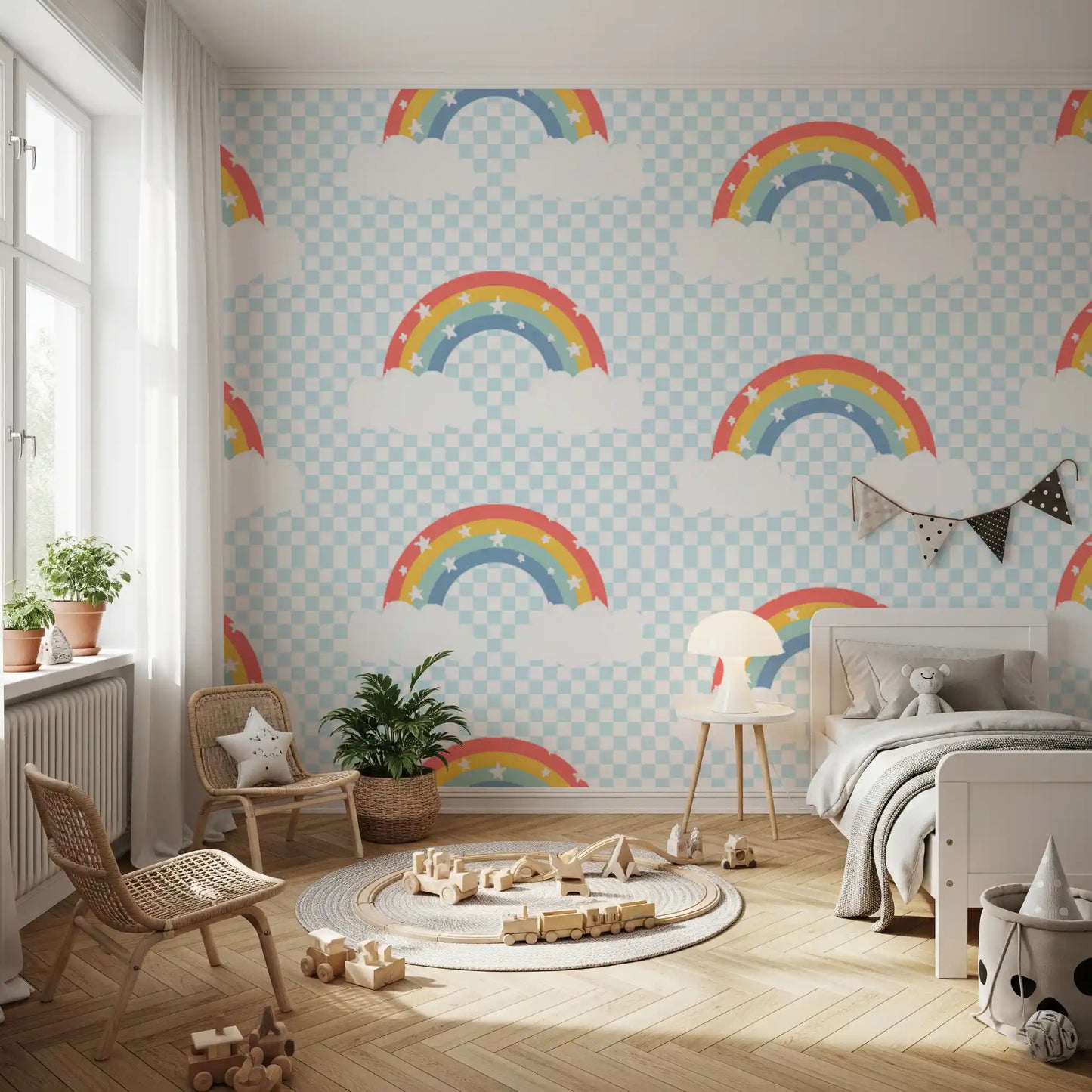 Small white stars sprinkled wallpaper with pastel rainbow bands and clouds.