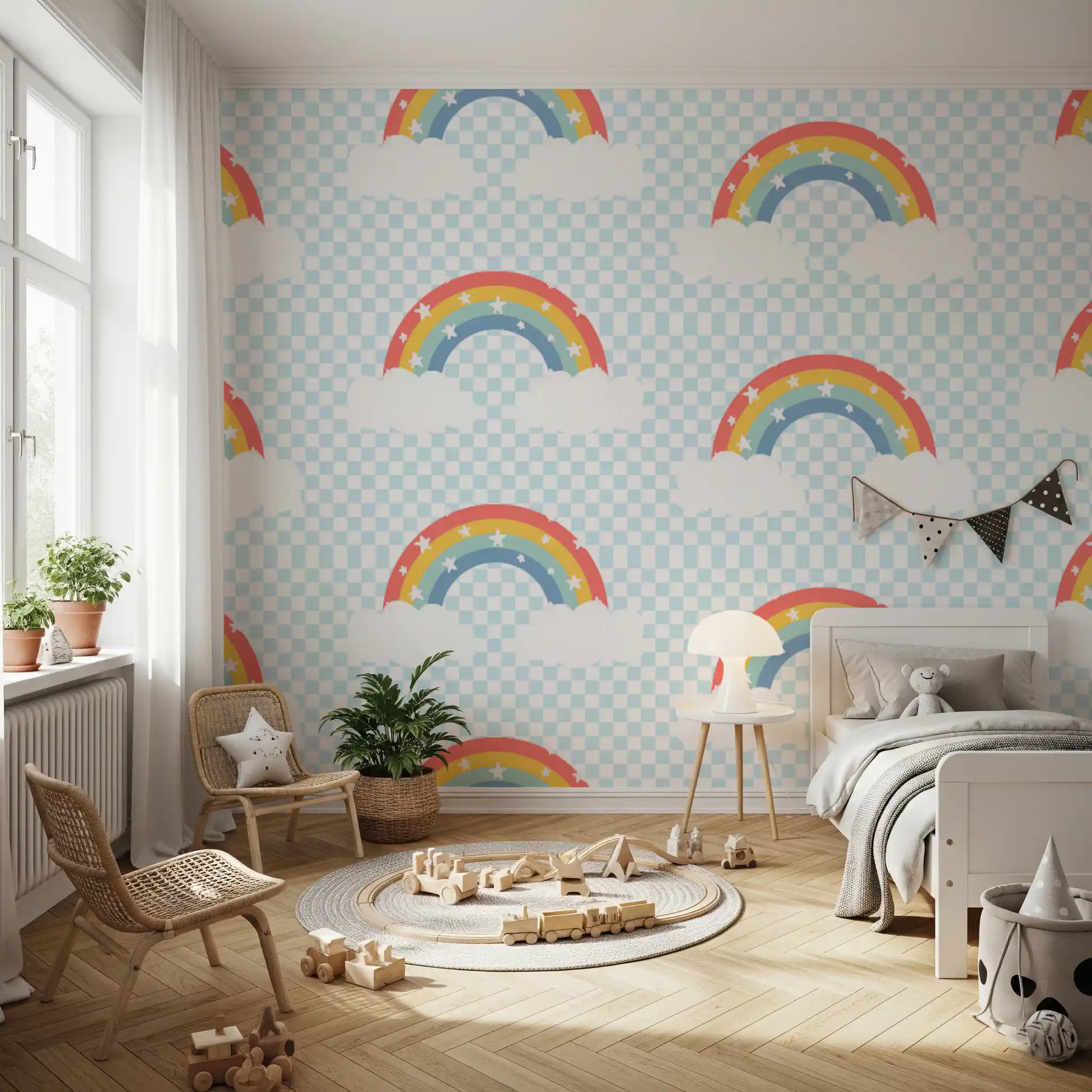Small white stars sprinkled wallpaper with pastel rainbow bands and clouds.