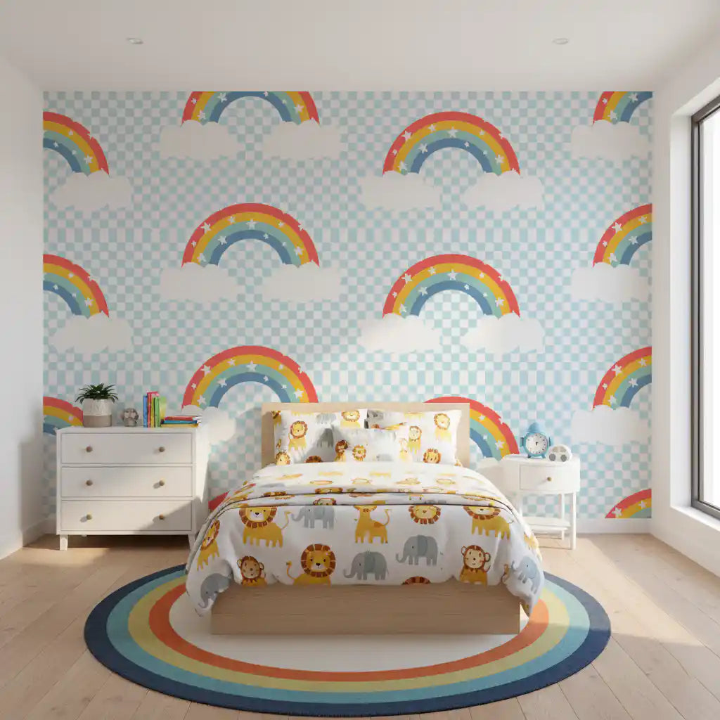 White cloud shapes resting beneath pastel rainbow arches on checked grid wallpaper.