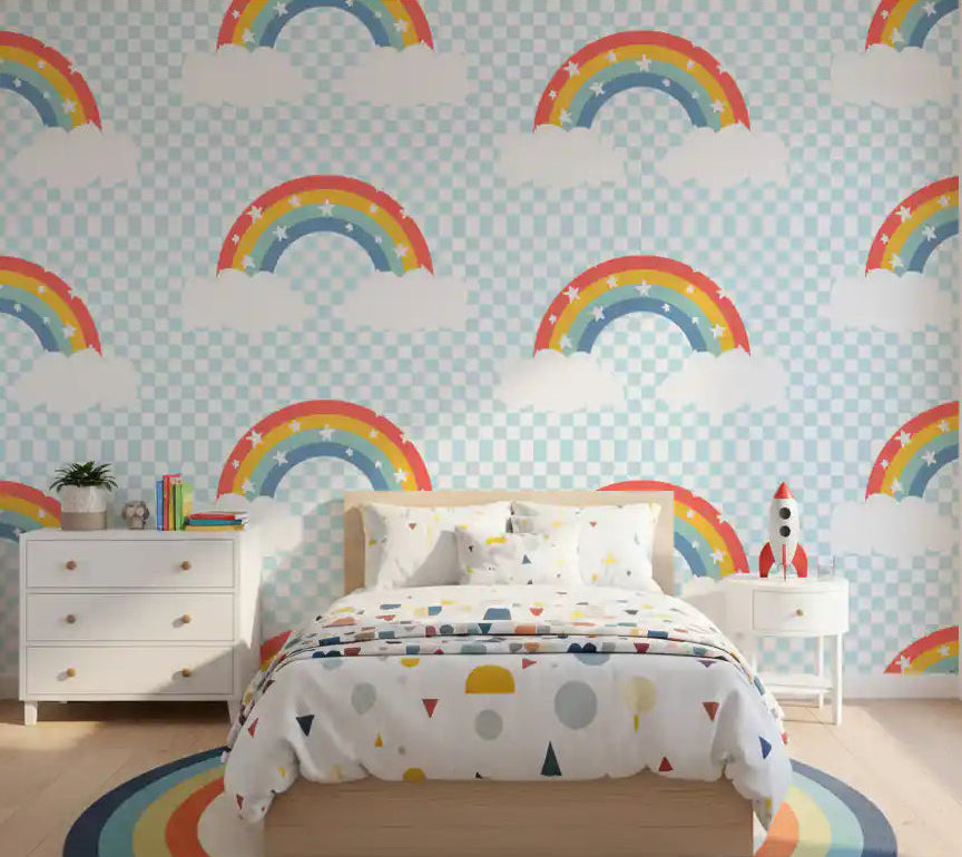 Kids bedroom wall featuring rainbow wallpaper with pastel arches and scattered stars.