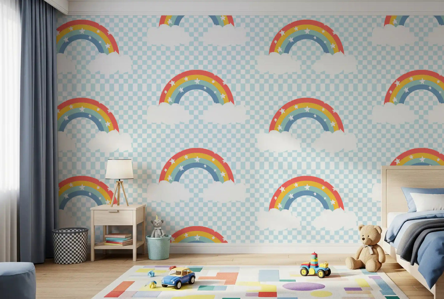 Bedroom corner with rainbow wallpaper and pastel cloud pattern.