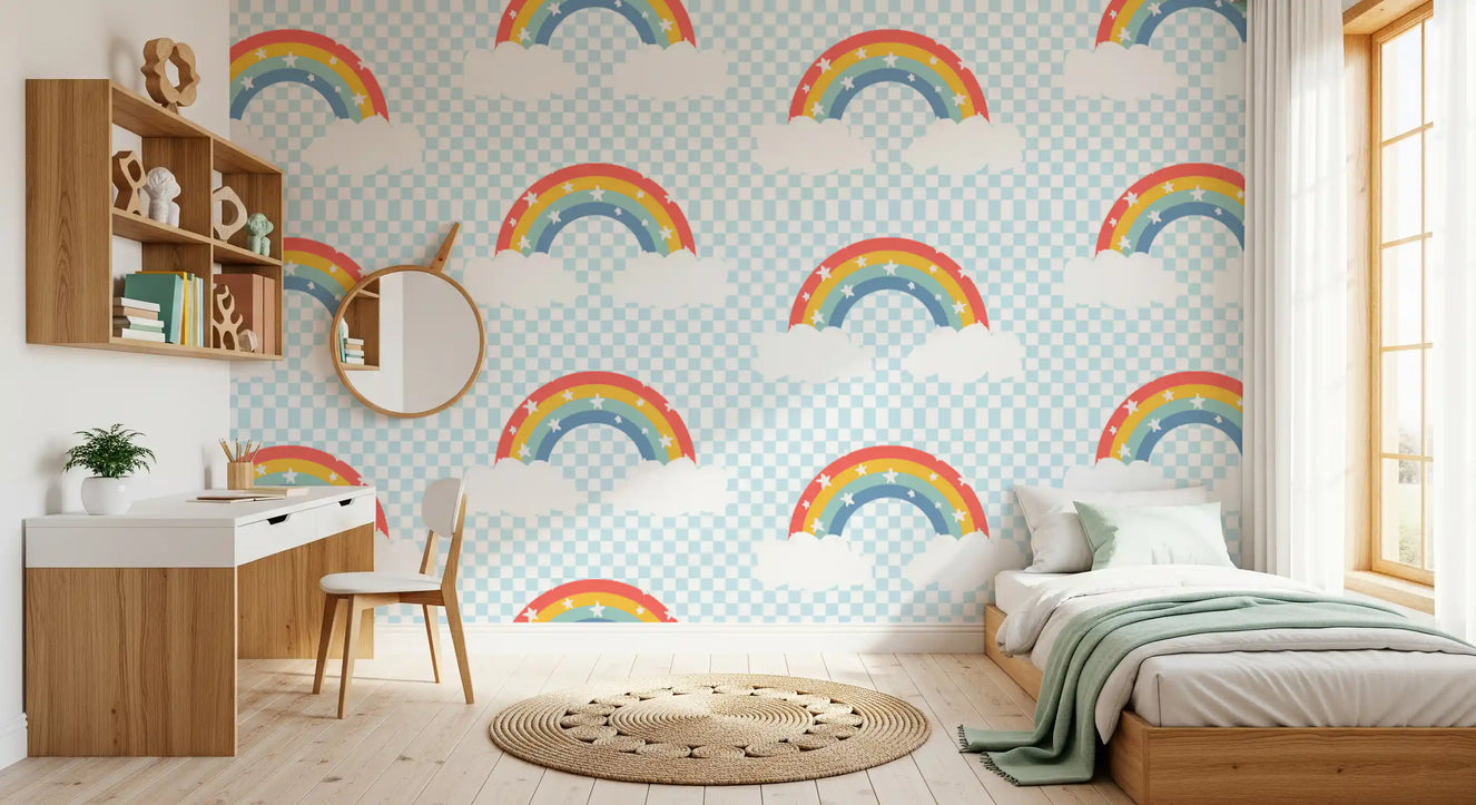 Pastel rainbow wallpaper pattern with white stars and clouds on light blue gingham.