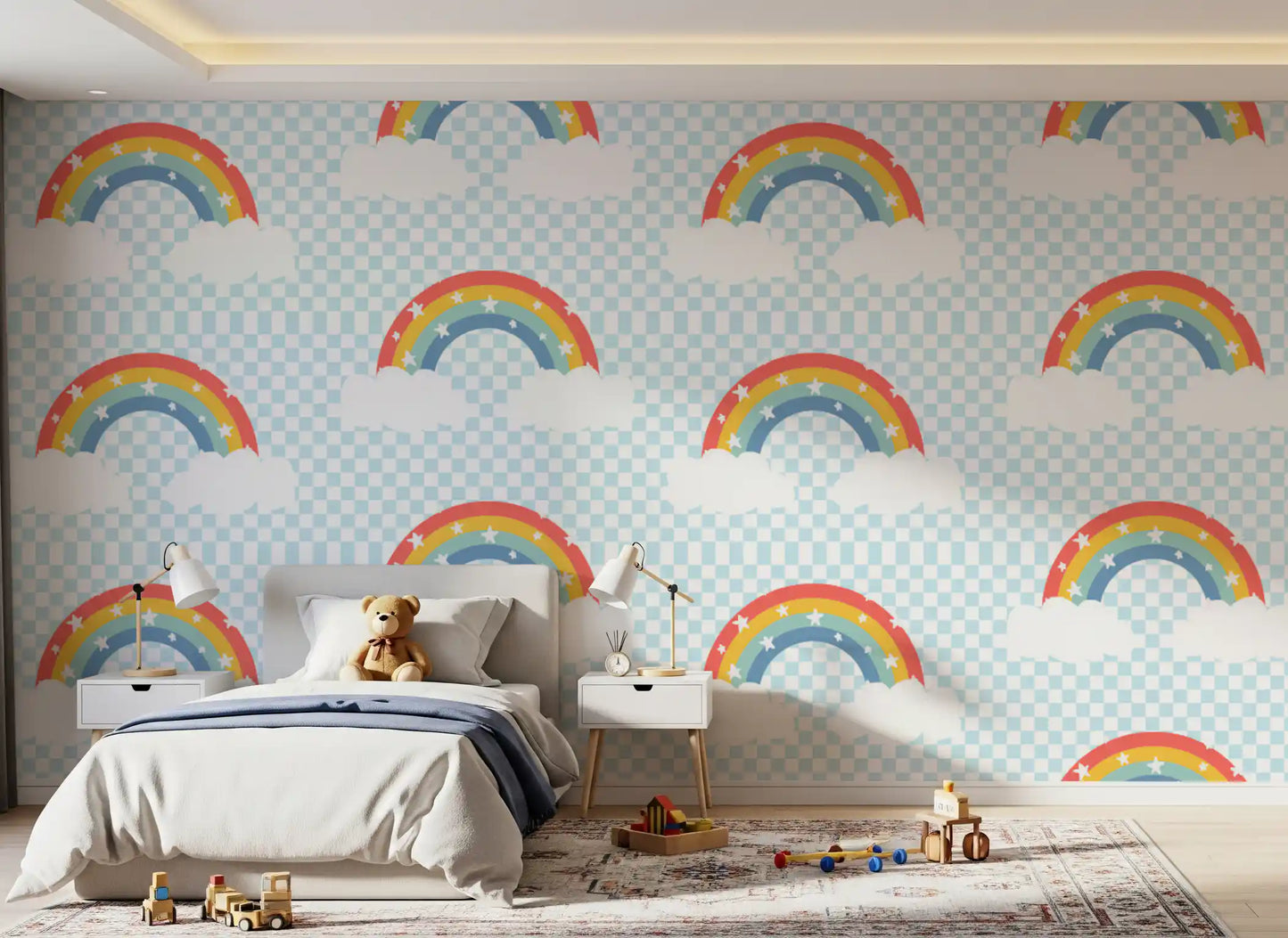Light blue gingham wallpaper with rainbow and starry sky repeat pattern. 