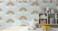 Kids playroom wall with playful rainbow and starry sky wallpaper backdrop