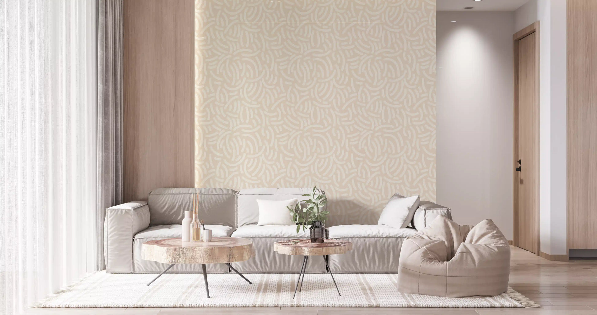 Living room wallpaper featuring cream arc motifs on a soft beige textured backdrop