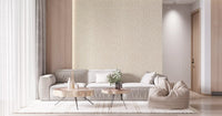 Living room wallpaper featuring cream arc motifs on a soft beige textured backdrop