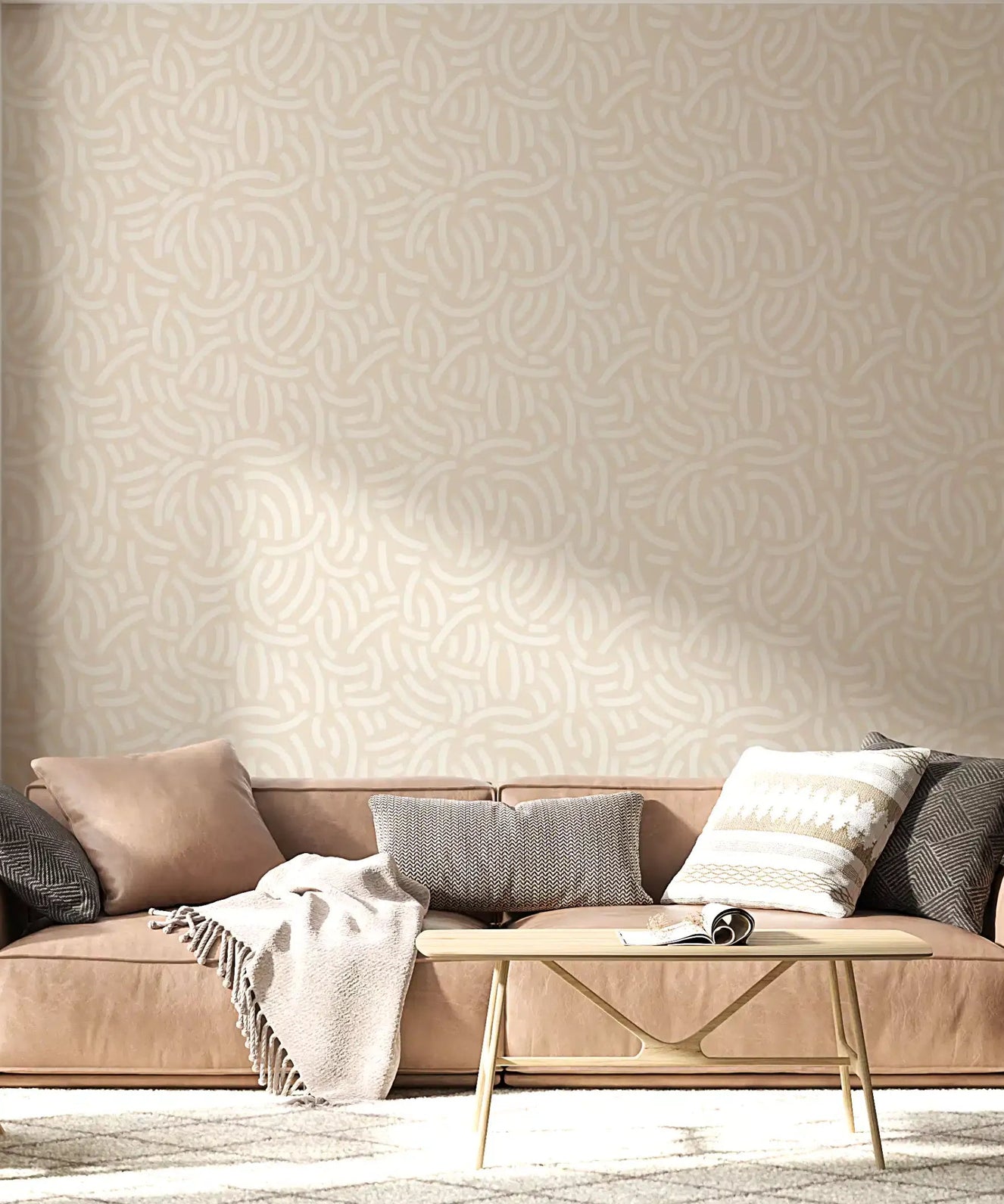 Living room wallpaper in beige with cream brushstroke arcs and a calm neutral tone.