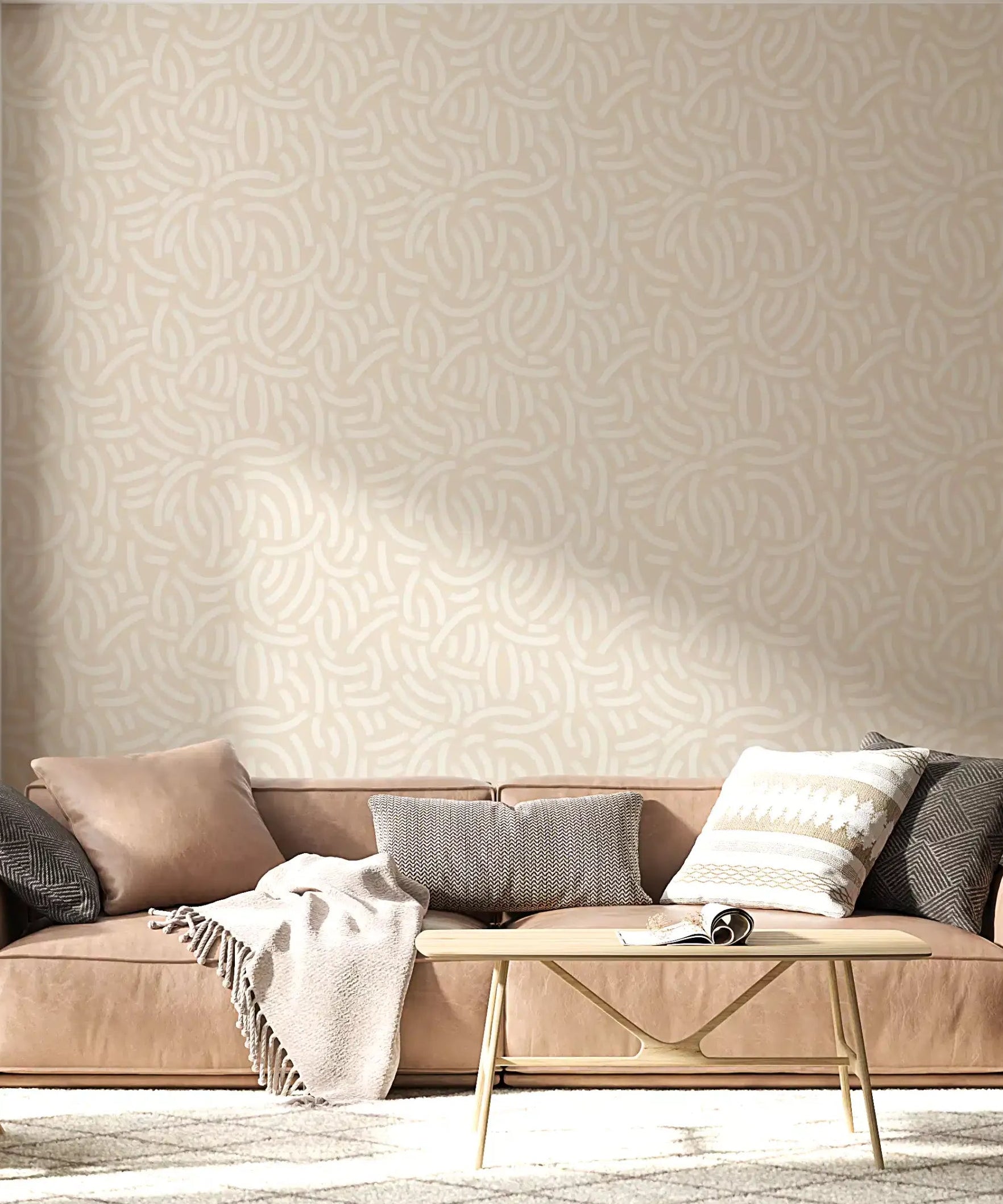 Living room wallpaper in beige with cream brushstroke arcs and a calm neutral tone., GD10099