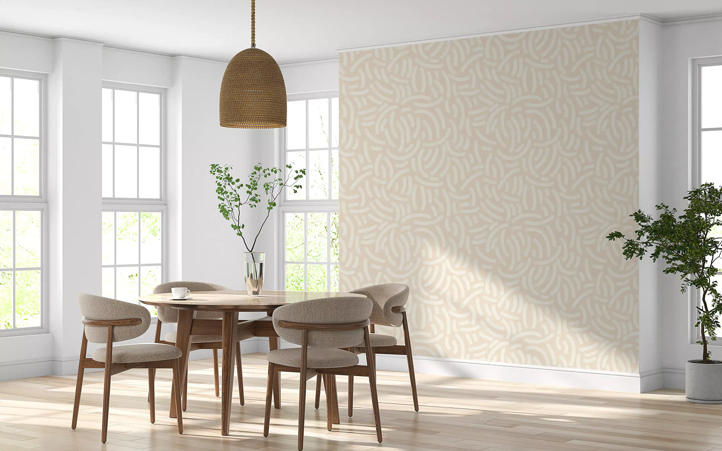 Cream curved arc pattern on warm beige wallpaper with a painterly finish.