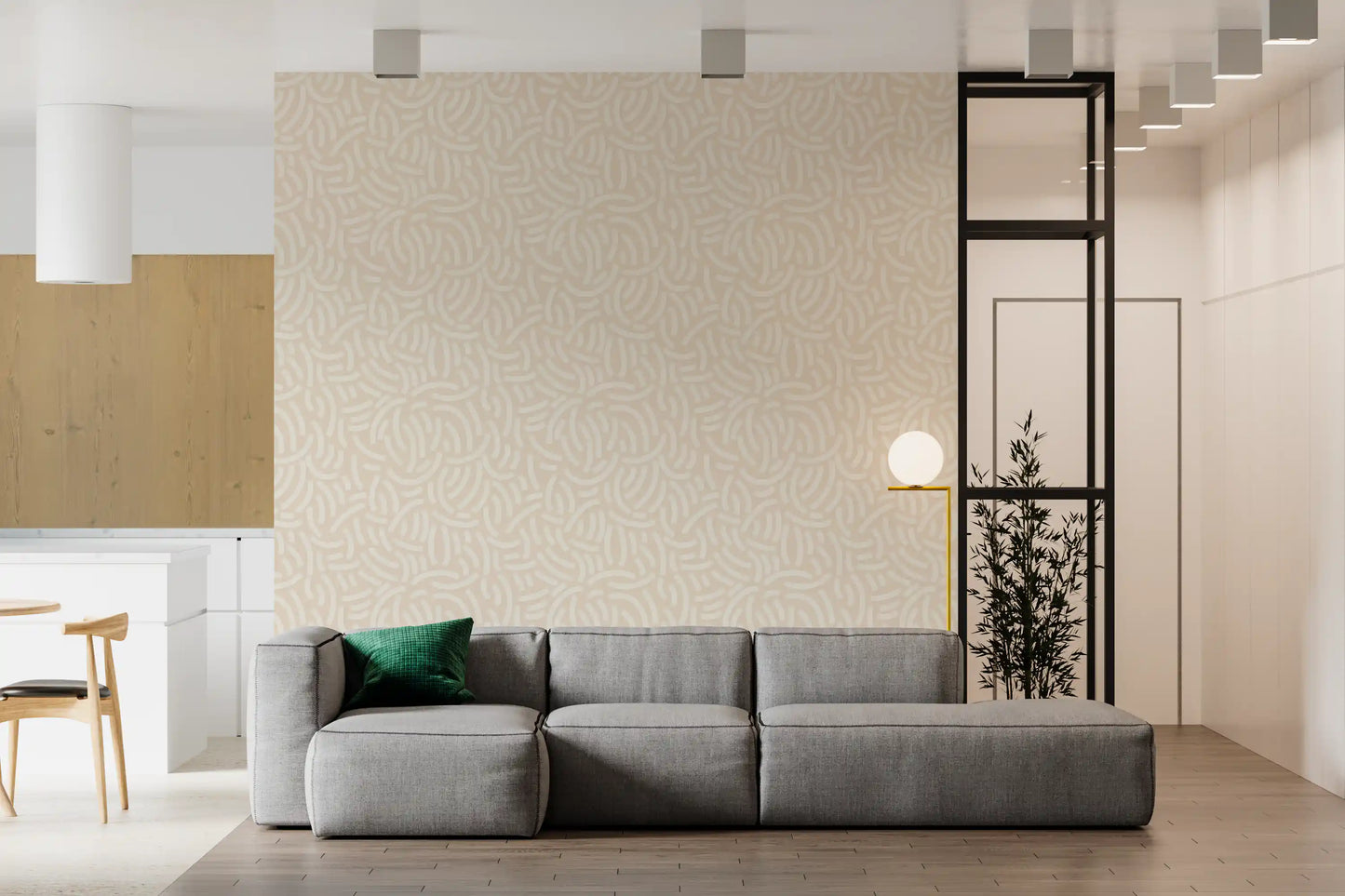 Abstract brushstroke wallpaper in pale beige and cream with organic curved motifs.