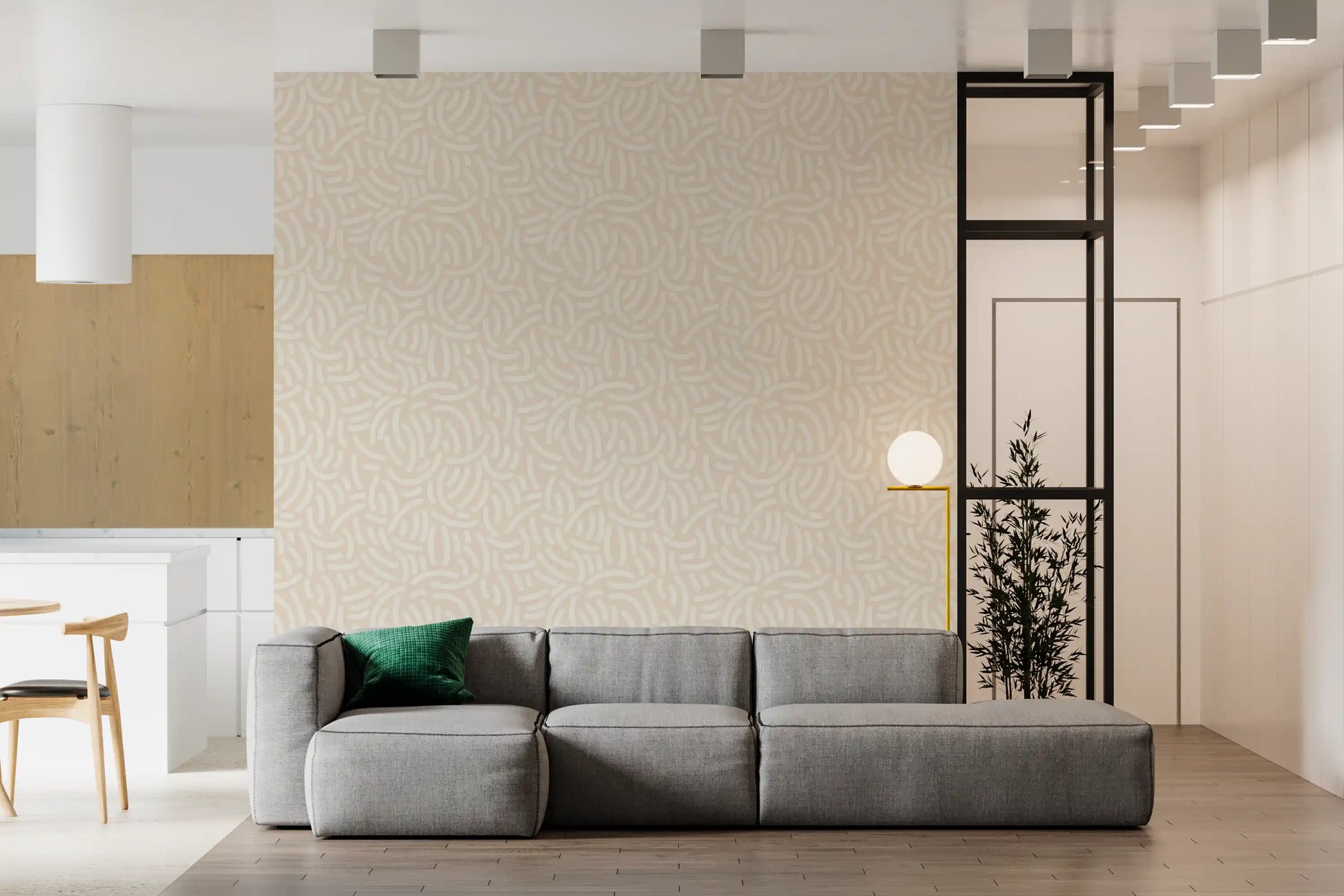 Abstract brushstroke wallpaper in pale beige and cream with organic curved motifs.